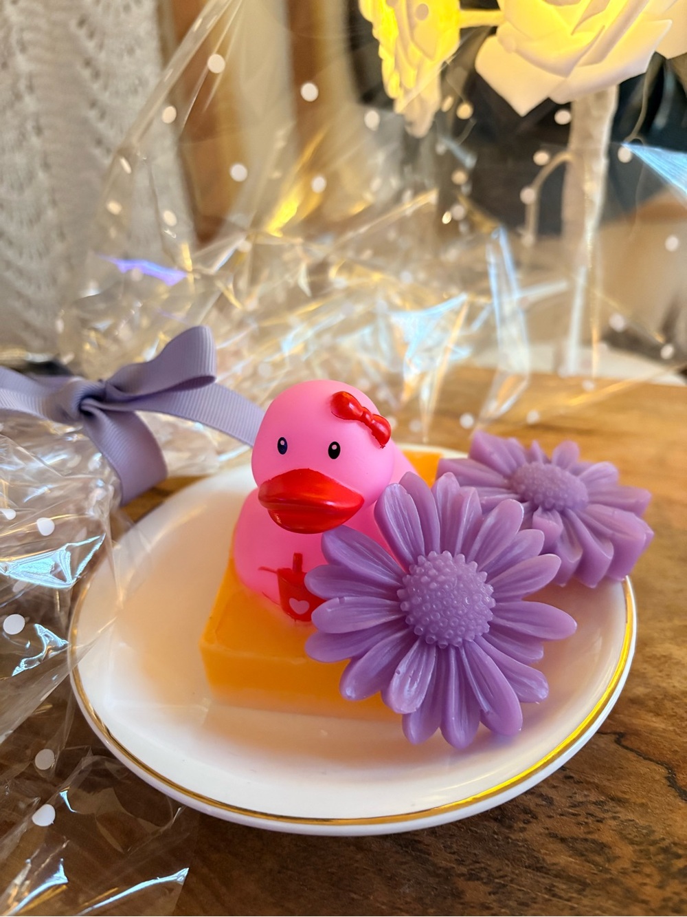 Pink Rubber Duck Soap Set W/Purple Flower & saucer dish🎁homemade by daughter & I - Picture 2 of 3